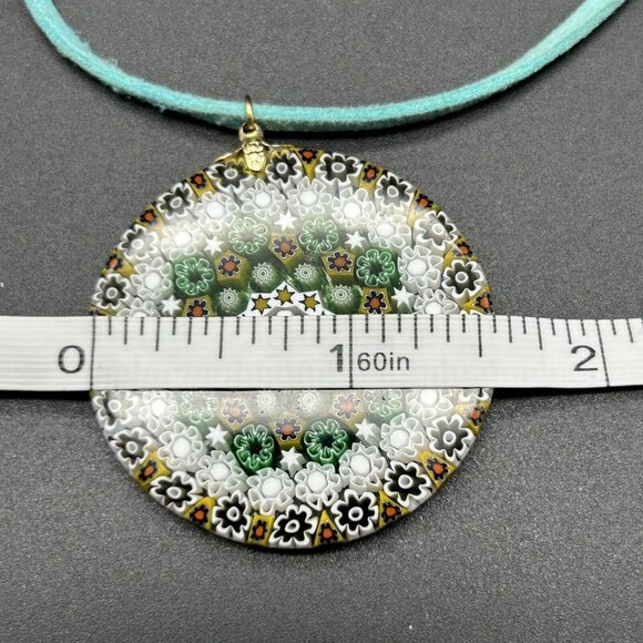 Millefiori Glass Pendant on Teal Cord Necklace 26" Long 1.5" Across White Green - Picture 4 of 5
